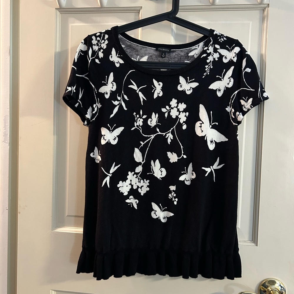 Talbots Black and White Floral Butterfly Sweater